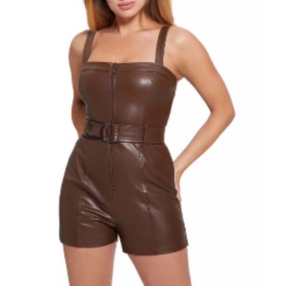 Guess Brown Faux Leather Jumpsuit